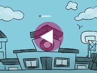 cartoon schoolhouse with a video play icon